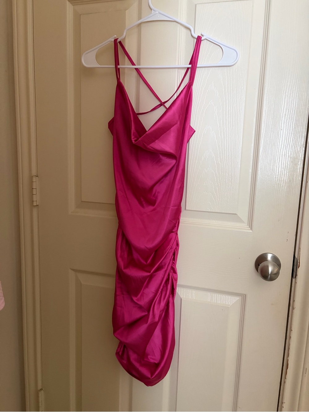 Satin Ruched Hot Pink Slip Dress - Picture 2 of 4